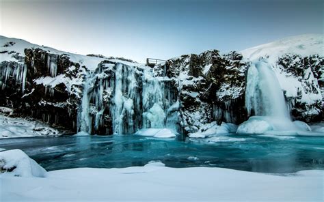 Download Wallpapers Waterfall Winter Snow Ice Frozen Lake Iceland