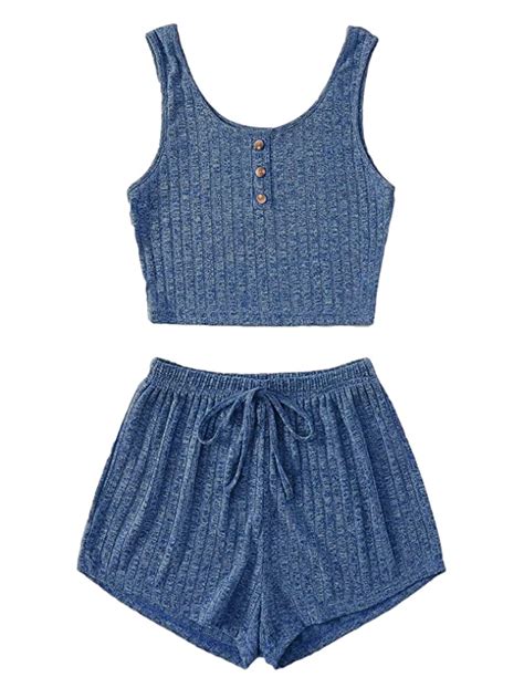 Buy Shein Women S Piece Sleeveless Button Crop Tank Tops And Shorts Lounge Set Navy Blue