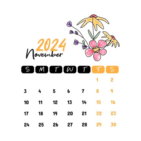 November 2024 Floral Monthly Calendar Vector Calendar 2024 November