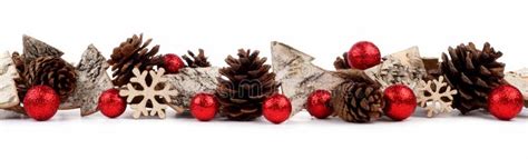 Christmas Border With Rustic Wood Tree Ornaments Baubles And Pine