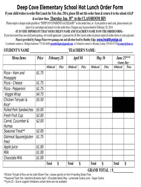 Fillable Online Deep Cove Elementary School Hot Lunch Order Form Fax