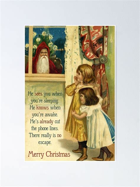 he sees you when you re sleeping funny mean vintage christmas card poster for sale by