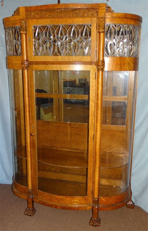 Fancy Oak Curved Glass China Cabinet W Leaded Glass Claw Feet Wooden