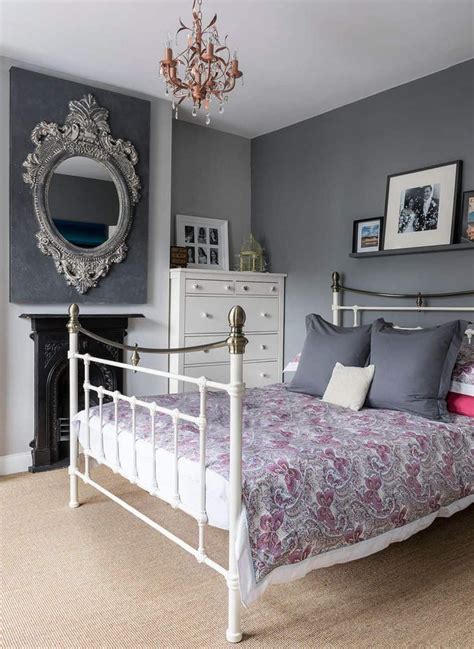 Bedroom With Grey Walls And Metal Bed Frame Decorating Ideas For Grey