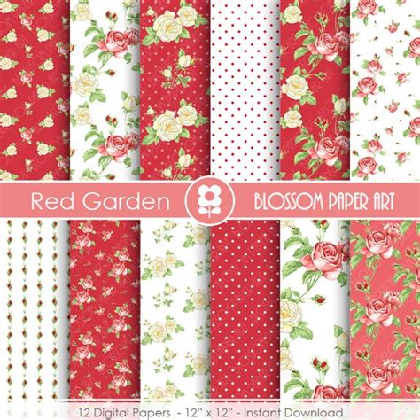 Items Similar To Red Rose Digital Paper Floral Scrapbook Digital Paper