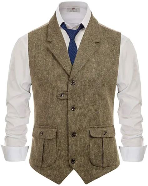 Mens Herringbone Tweed Suit Vest Vintage Wool Blend Notch Lapel