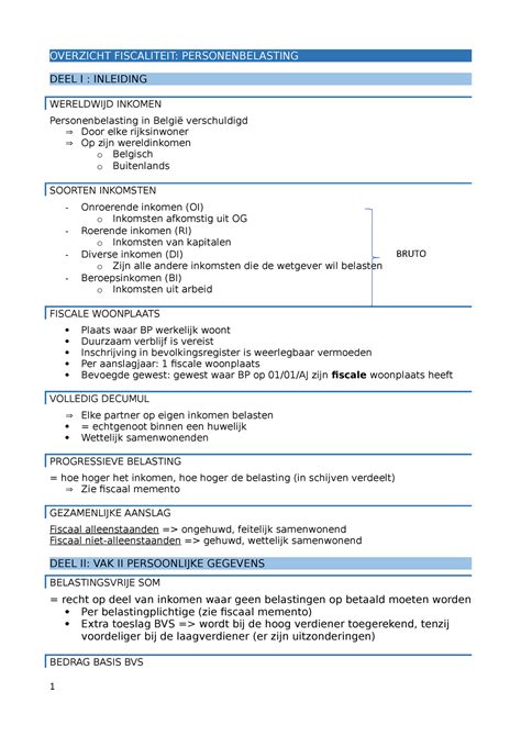 Overzicht Fiscaliteit Overzicht Fiscaliteit Personenbelasting Deel I