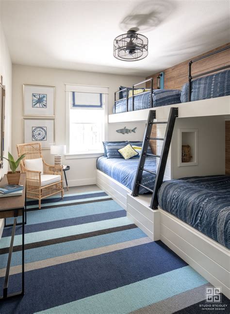 Nautical Bunkbed Bedroom With Striped Carpet Bunk Beds Built In Bunk