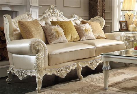 Luxury Pearl Cream Sofa Set 3pcs Carved Wood Traditional Homey Design