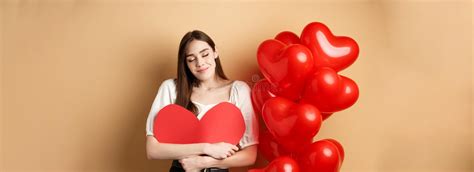 Romantic Woman Hugging Big Red Heart And Smiling Dreamy Falling In Love On Valentines Day
