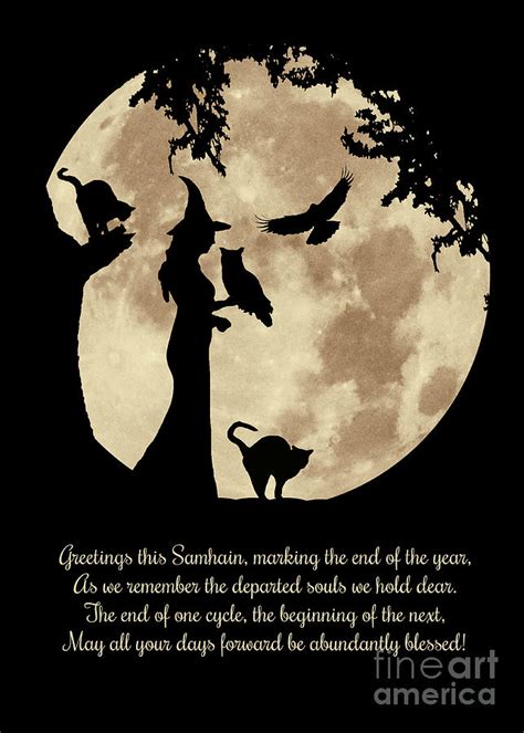 Wicca Pagan Samhain Blessings With Witch Owl Raven And Black Cats
