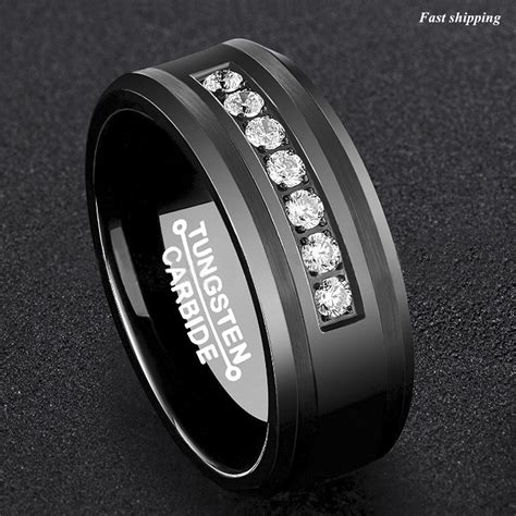 8mm Black Tungsten Carbide Ring 7 Diamonds Inlay Comfort Fit Atop Men