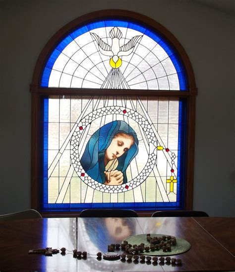 Catholic Blessed Virgin Mary Stained Glass With Reflection And Rosary