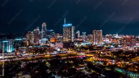 Nighttime Hyperlapse Of Austin Skyline Drone Circles To The Right As