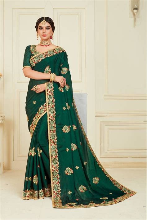Green Poly Silk Embroidered Designer Saree With Blouse Indian Women Fashions Pvt Ltd 3180007