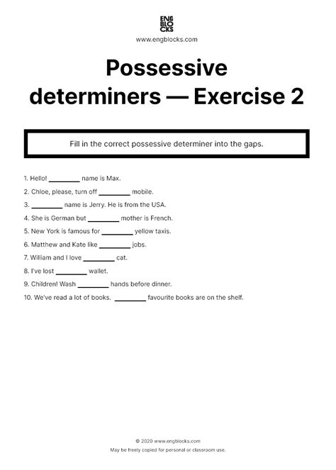 Possessive Determiners My His Her Its Our Your Their — Worksheet 2 Determiners