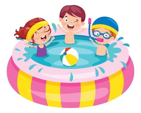 Niños Nadando En Una Piscina Inflable Vector Premium