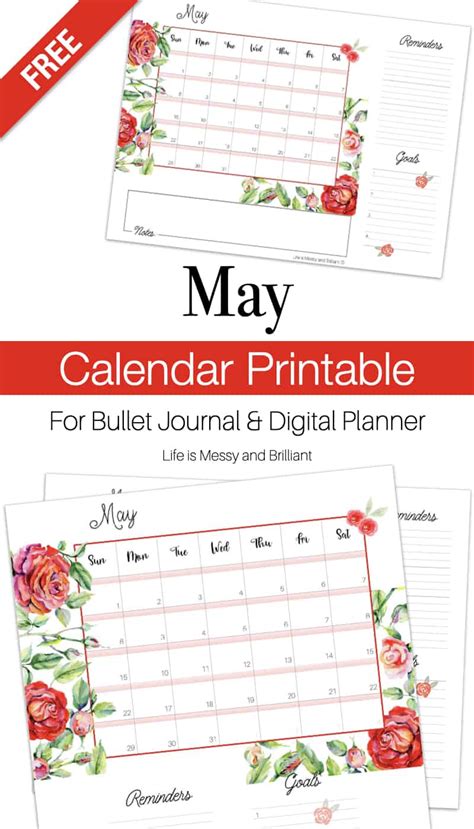 May Calendar Printable May Bullet Journal Calendar