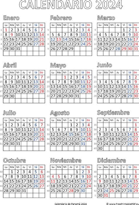Calendario de Panamá 2024 Imprimir el PDF Gratis