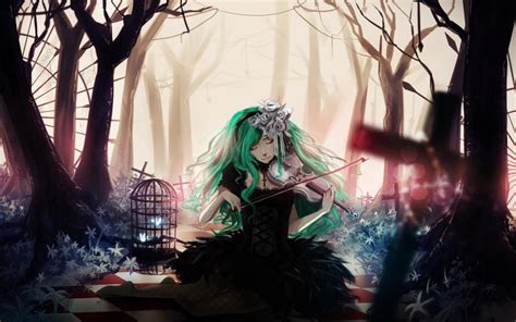 Blue Hair Anime Girl Playing Violin Flowers Trees Wallpaper Anime