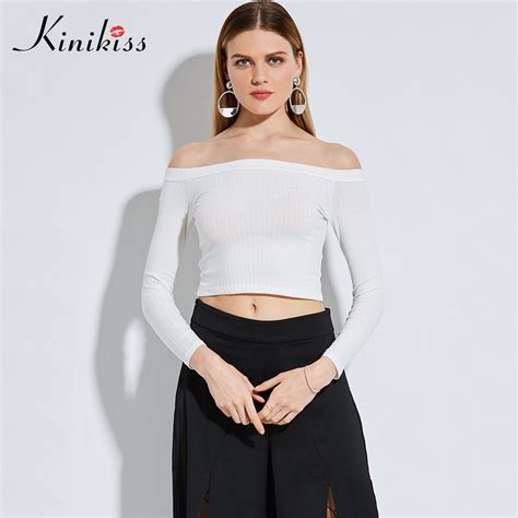 Women Long Sleeve Crop Tops Slash Neck Off Shoulder White T Shirts