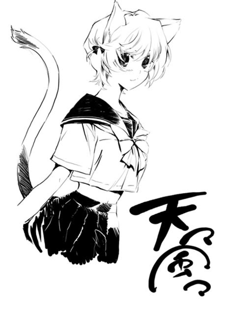Iizuki Tasuku Original Animal Ears Cat Ears Cat Tail Greyscale