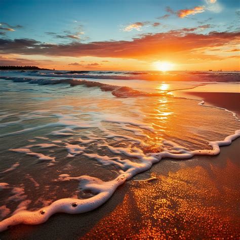 Aesthetic Sunset View In Tropical Beach Sands Sea Water Flowing AI