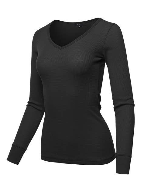 a2y a2y women s basic solid long sleeve v neck fitted thermal top shirt black s