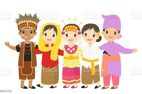 Happy Indonesian Children In Traditional Dress Cartoon Vector Stock