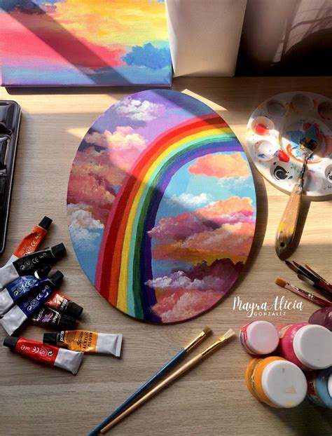 Rainbow Painting By Me 24x30cm Acrylic On Oval Canvas Panel Rpainting
