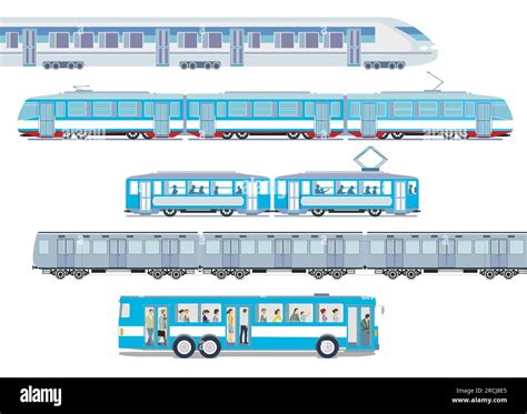 Set Of Passenger Trains Tram High Speed Train And Subway Train