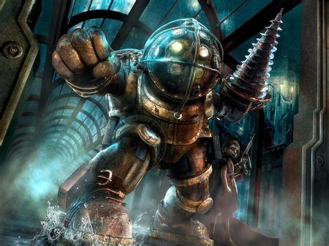 Bioshock Big Daddy And Little Sister Swimming With The Sharks Wood