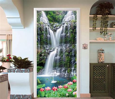 3d Lotus Waterfall Door Mural Aj Wallpaper