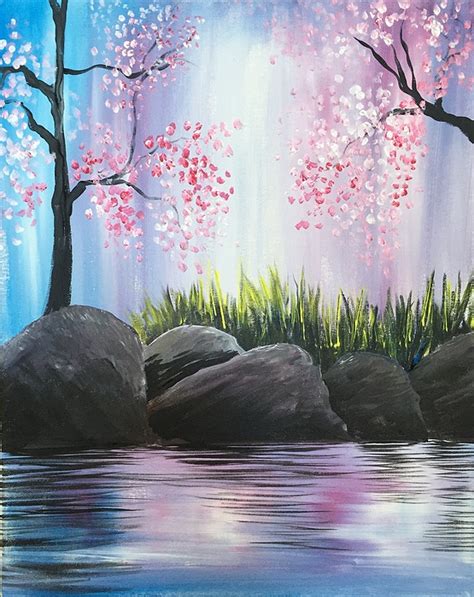 Paint Nite Cherry Blossoms On The Rocks
