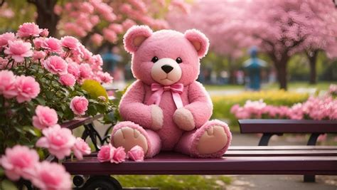 Premium Ai Image A Cute Pink Color Teddy Bear Sitting On Bench In