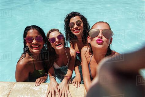 Group Of Beautiful Women Taking Selfie In A Swimming Pool Young Women