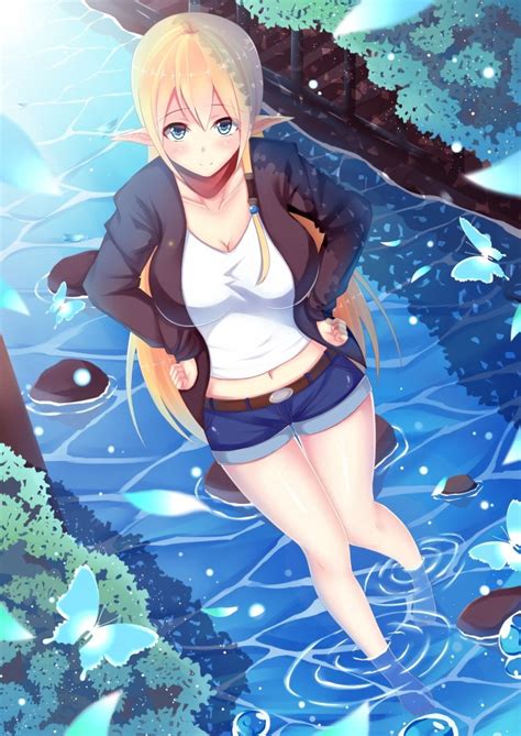 1girl Barefoot Blonde Hair Blue Eyes Breasts Butterfly Dutch Angle Elf