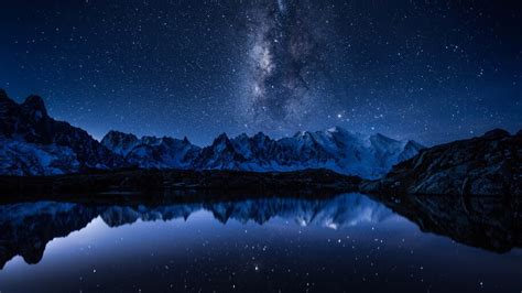 Night Sky Stars Mountain Lake Landscape Scenery 8k
