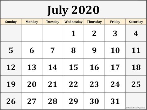 July 2020 Calendar Free Printable Monthly Calendars