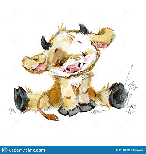 Cute Little Calf Jpeg Png Funny Cow Watercolor Illustration Cartoon