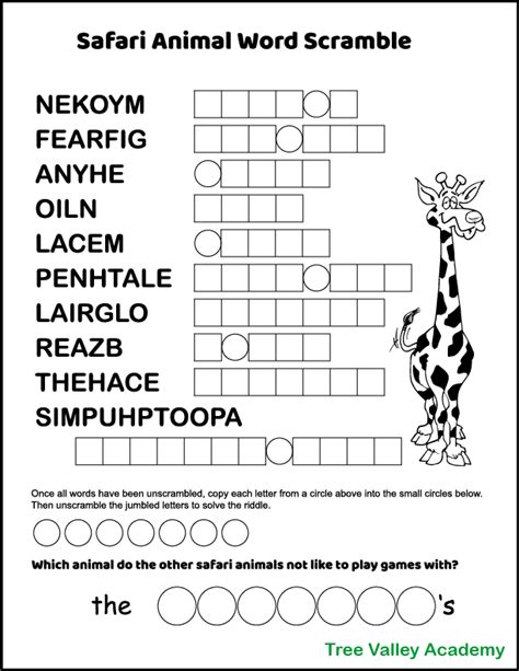 Safari Animals Word Scramble Word Puzzles For Kids Safari Animals