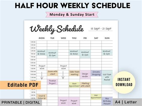 Editable Weekly Schedule Printable Half Hour Weekly Schedule Etsy Uk