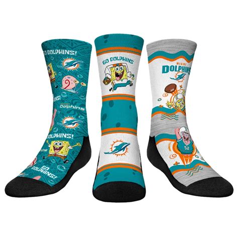 Youth Rock Em Socks Miami Dolphins Nfl X Nickelodeon Spongebob Squarepants 3 Pack Crew Socks Set