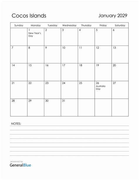 January 2029 Cocos Islands Calendar With Holidays