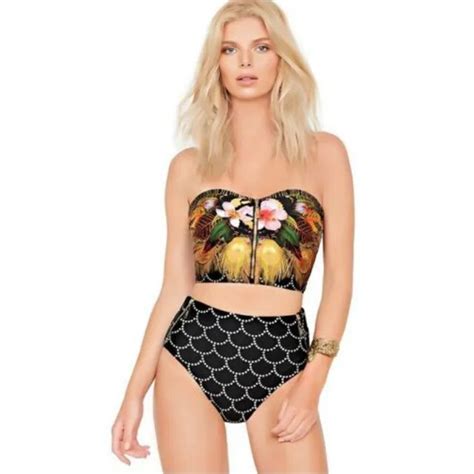 Print Floral Palm Tree Bikini Set High Waist Swimwear High Neck Tank