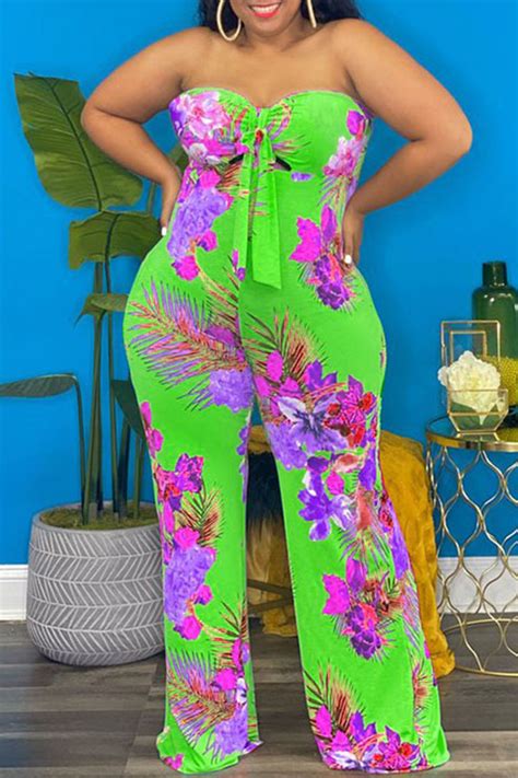 Wholesale Fluorescent Green Sexy Print Hollowed Out Asymmetrical Strapless Plus Size Jumpsuits