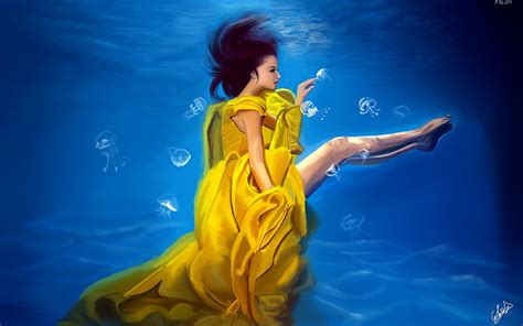 Hd Wallpaper Artwork One Person Blue Water Women Adult Young Adult Wallpaper Flare