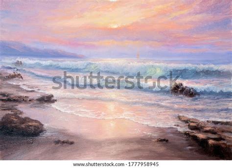 Original Oil Painting Beautiful Purple Sunset Stock Illustration 1777958945