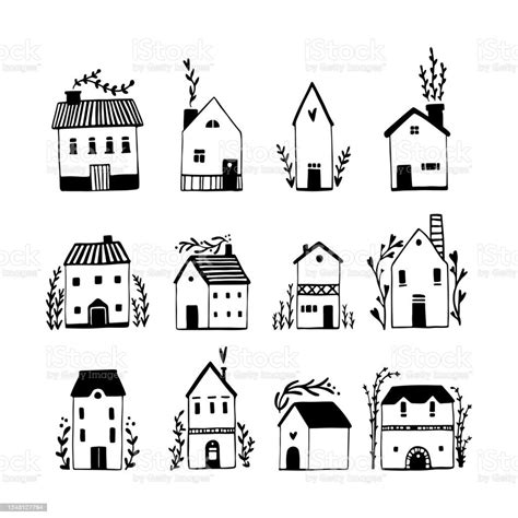 Scandinavian Houses Set Vector Hand Drawn Illustration Of Buildings