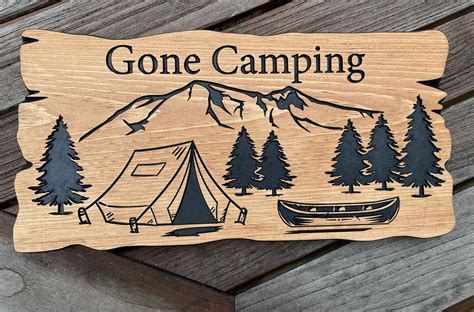 Gone Camping Sign Rustic Carved Camping Canoe Mountain Pine Tree Tent